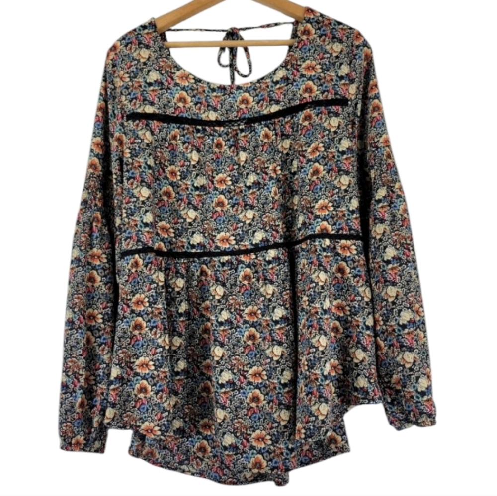 Knox Rose Womens Blouse Large Floral Peasant Long Sleeve Back Tassel Tie Neck